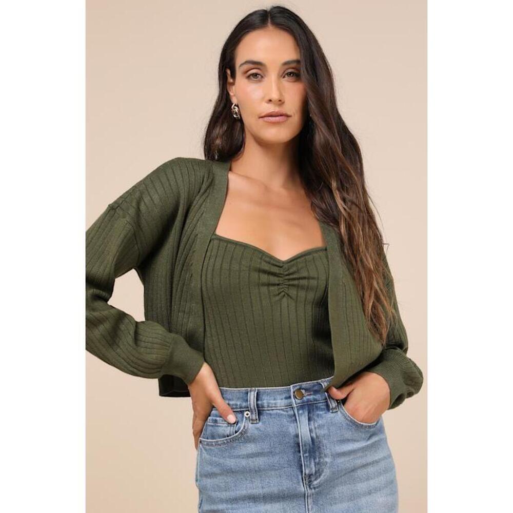 Lulus Cutest Duet Olive Green Knit Cami Top And Cardigan Sweater Set - Size M